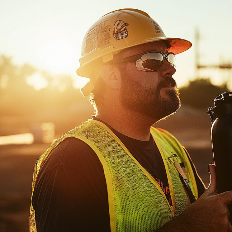 Worker using a Raymylo bottle outdoors